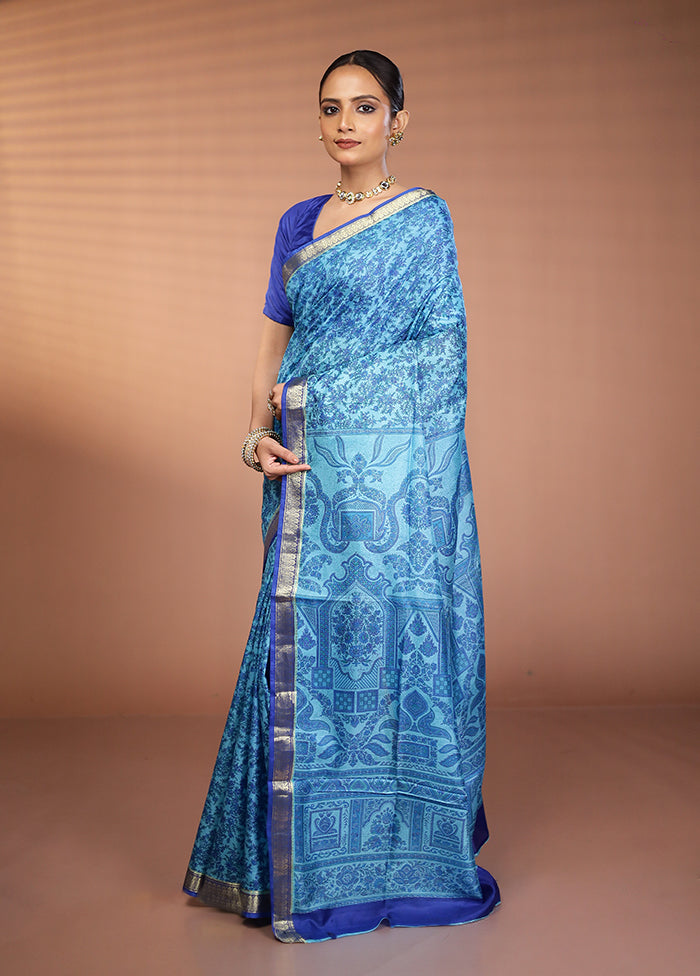 Blue Printed Pure Silk Saree Without Blouse Piece