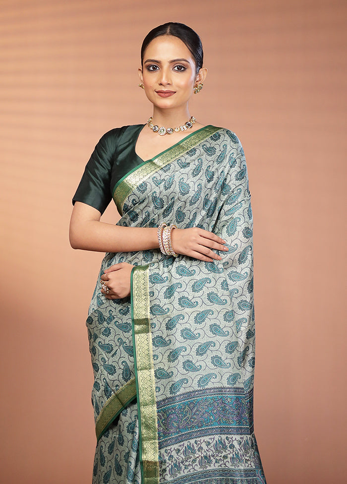 Green Printed Pure Silk Saree Without Blouse Piece