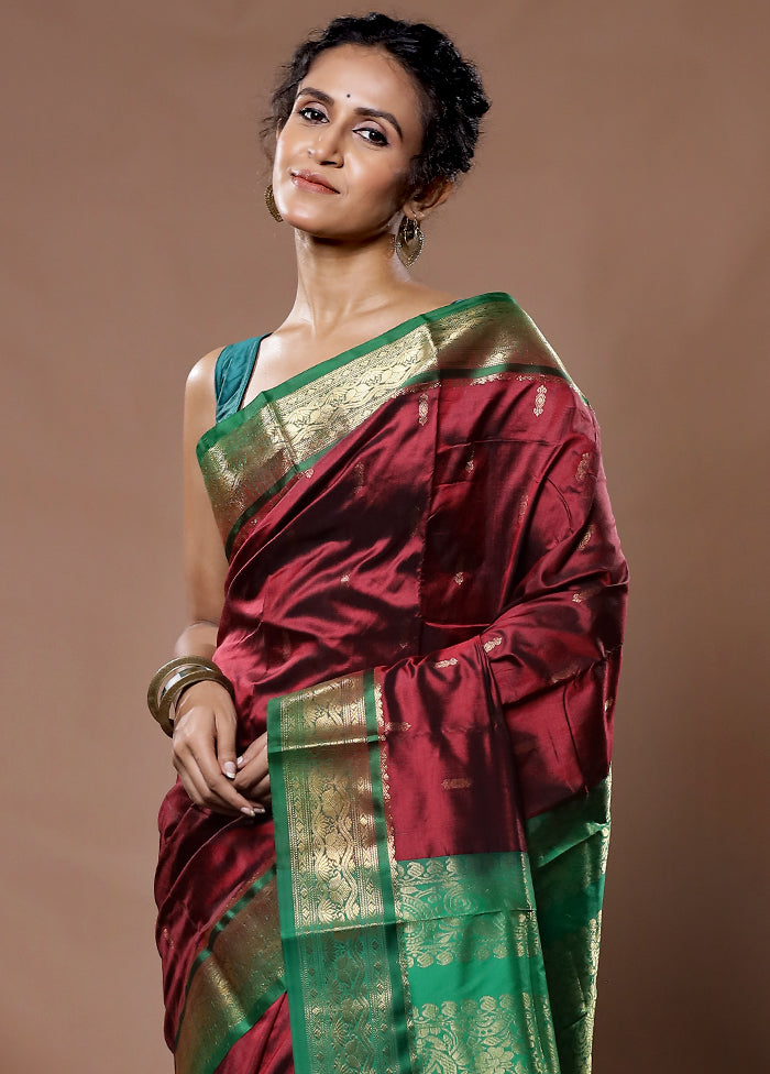 Maroon Kanjivaram Silk Saree With Blouse Piece - Indian Silk House Agencies