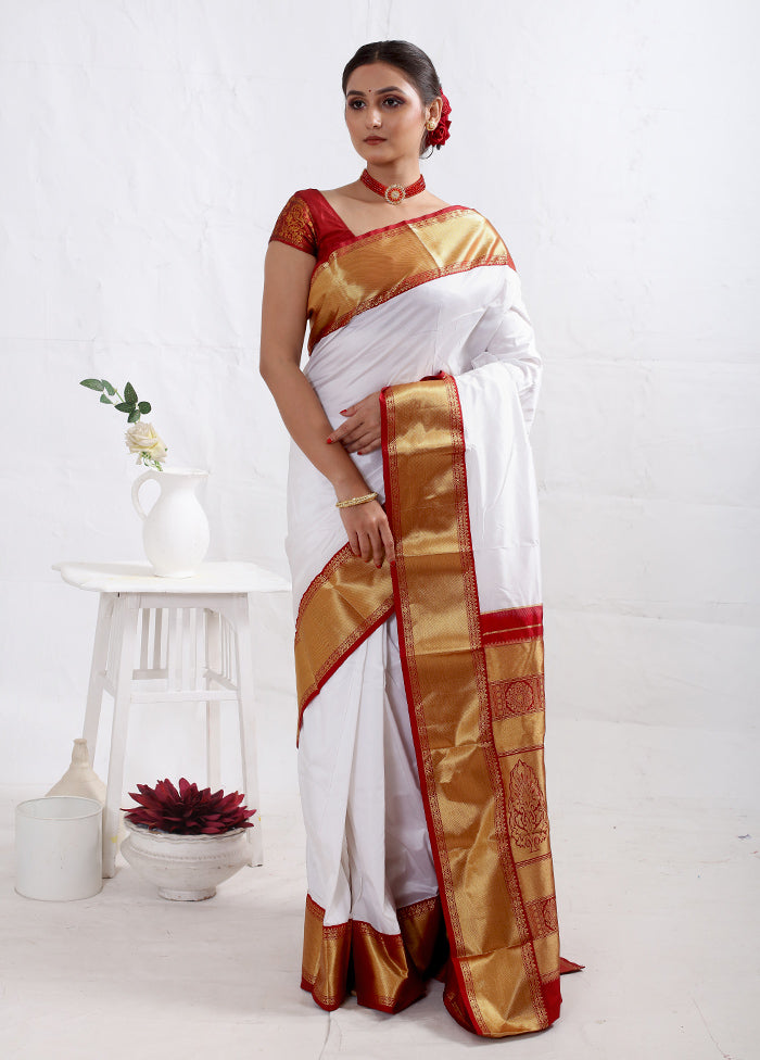 White Kanjivaram Pure Silk Saree With Blouse Piece - Indian Silk House Agencies