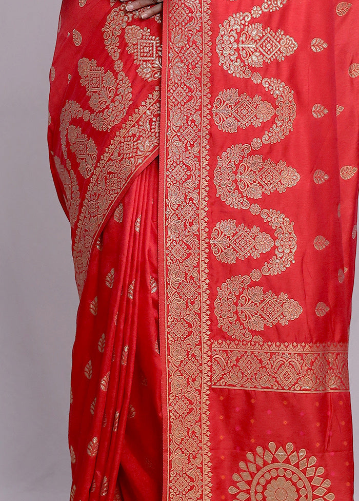 Red Dupion Silk Saree With Blouse Piece - Indian Silk House Agencies