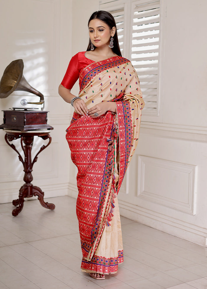 Cream Pure Assam Silk Saree With Blouse Piece - Indian Silk House Agencies