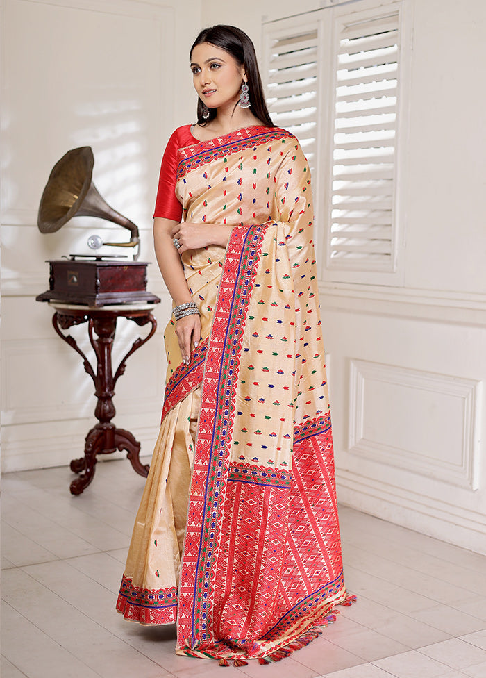 Cream Pure Assam Silk Saree With Blouse Piece - Indian Silk House Agencies