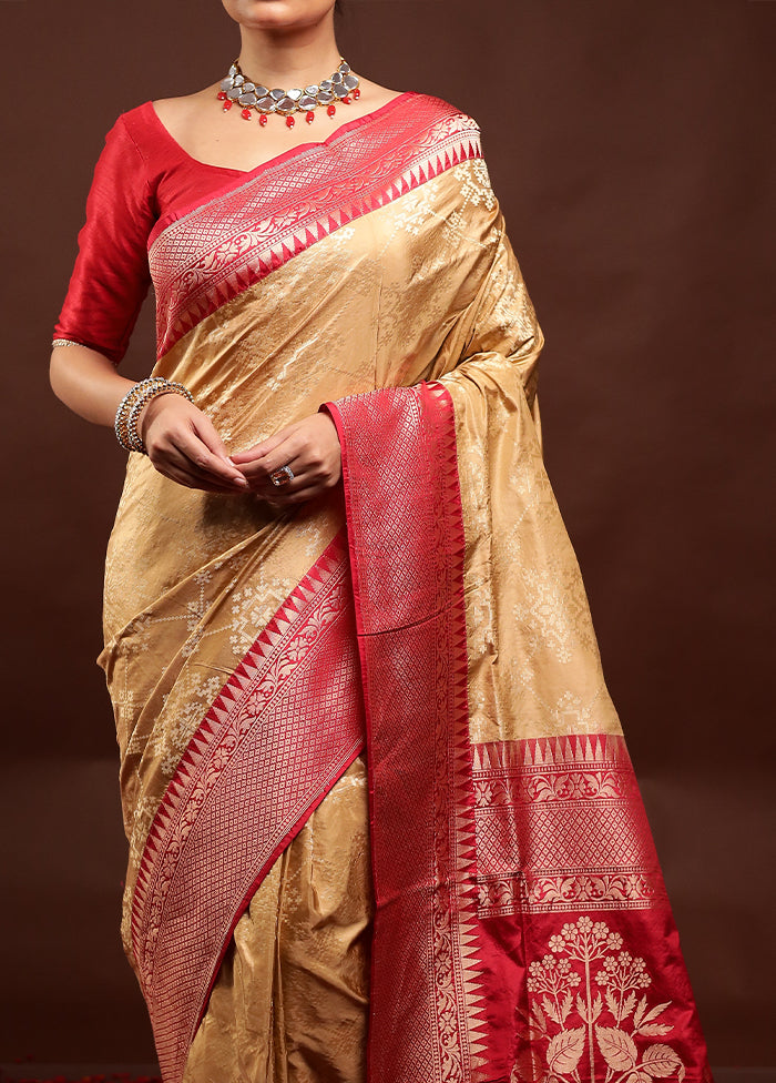 Cream Handloom Katan Pure Silk Saree With Blouse Piece