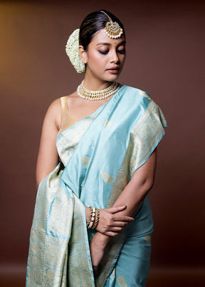 Blue Handloom Katan Pure Silk Saree With Blouse Piece