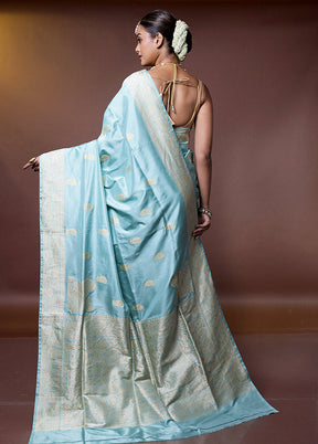 Blue Handloom Katan Pure Silk Saree With Blouse Piece