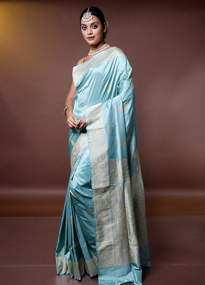 Blue Handloom Katan Pure Silk Saree With Blouse Piece