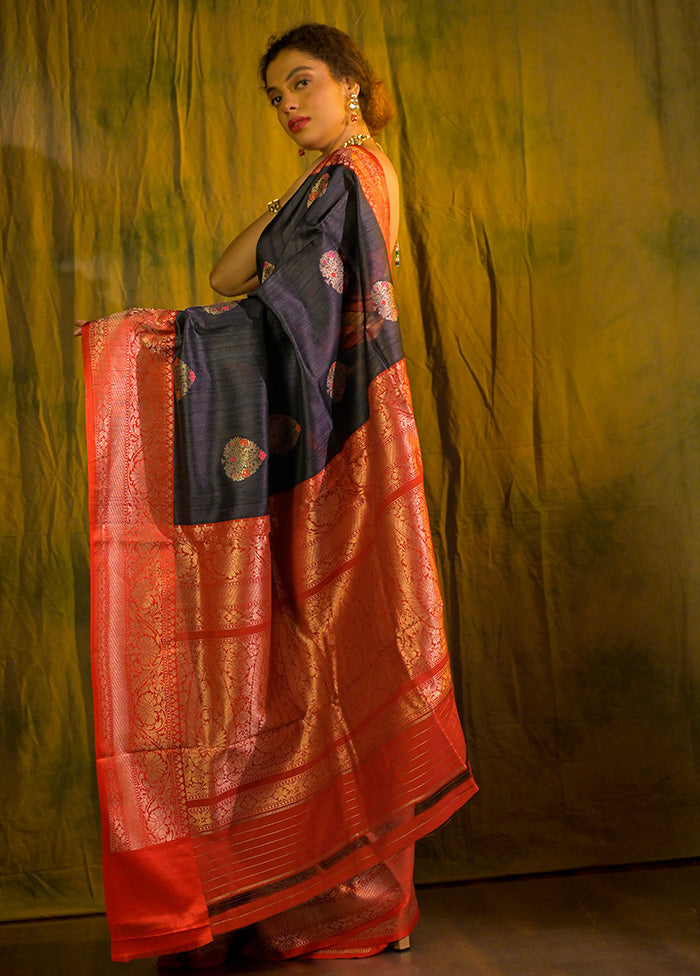 Purple Pure Tussar Banarasi Handloom Silk Saree With Blouse Piece - Indian Silk House Agencies