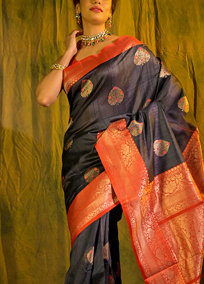 Purple Pure Tussar Banarasi Handloom Silk Saree With Blouse Piece - Indian Silk House Agencies