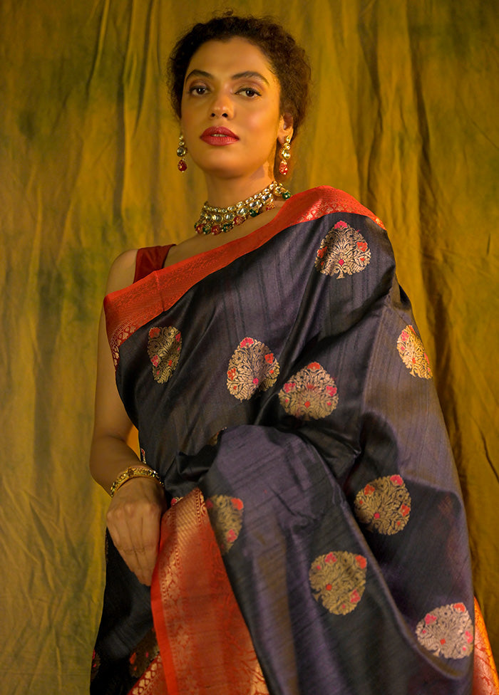 Purple Pure Tussar Banarasi Handloom Silk Saree With Blouse Piece - Indian Silk House Agencies