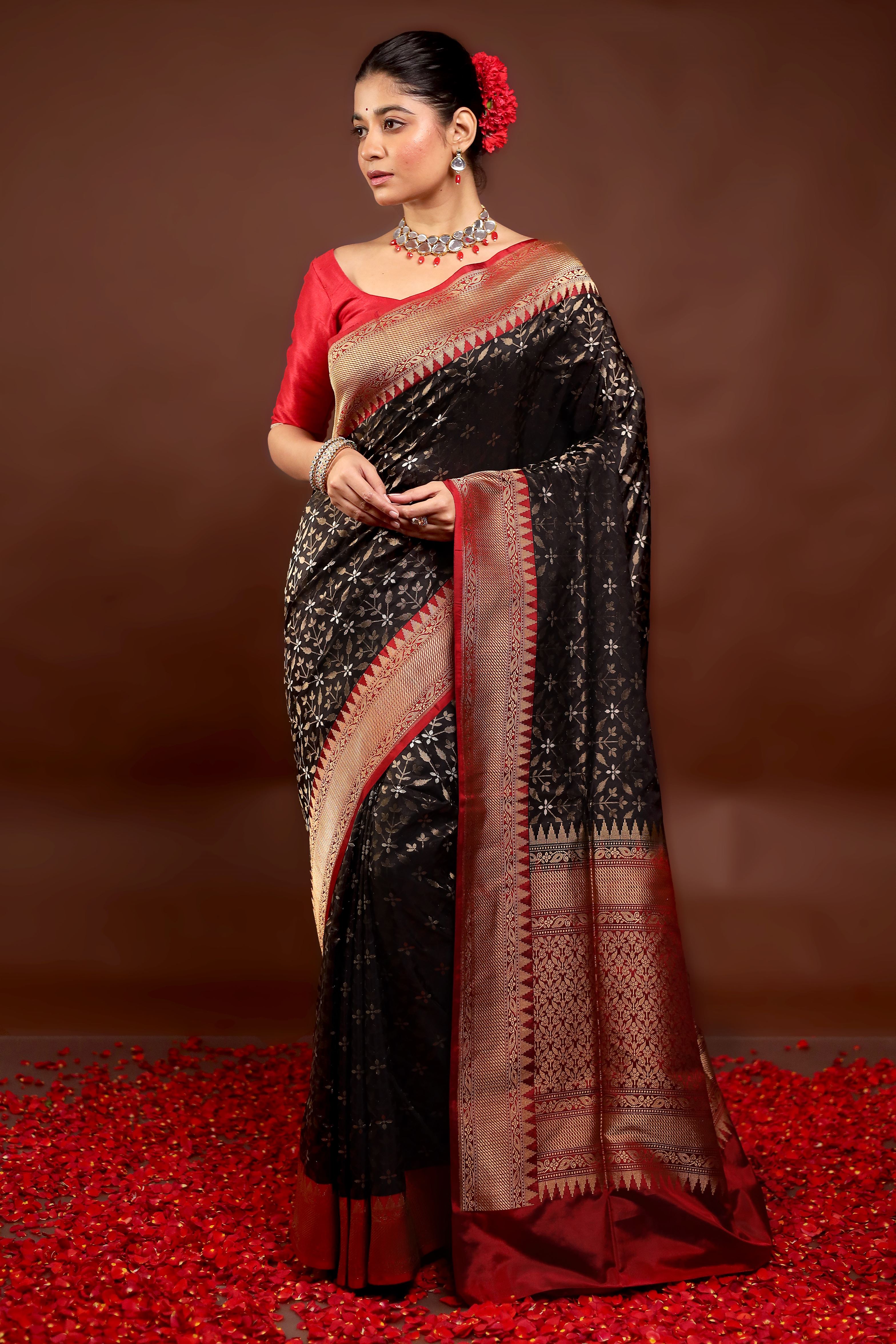 Black Handloom Katan Pure Silk Saree With Blouse Piece