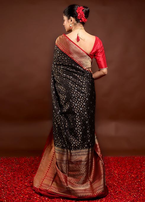 Black Handloom Katan Pure Silk Saree With Blouse Piece