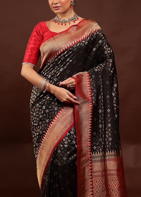 Black Handloom Katan Pure Silk Saree With Blouse Piece