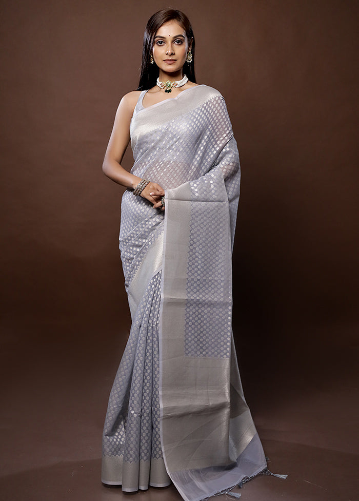 Grey Pure Cotton Saree With Blouse Piece