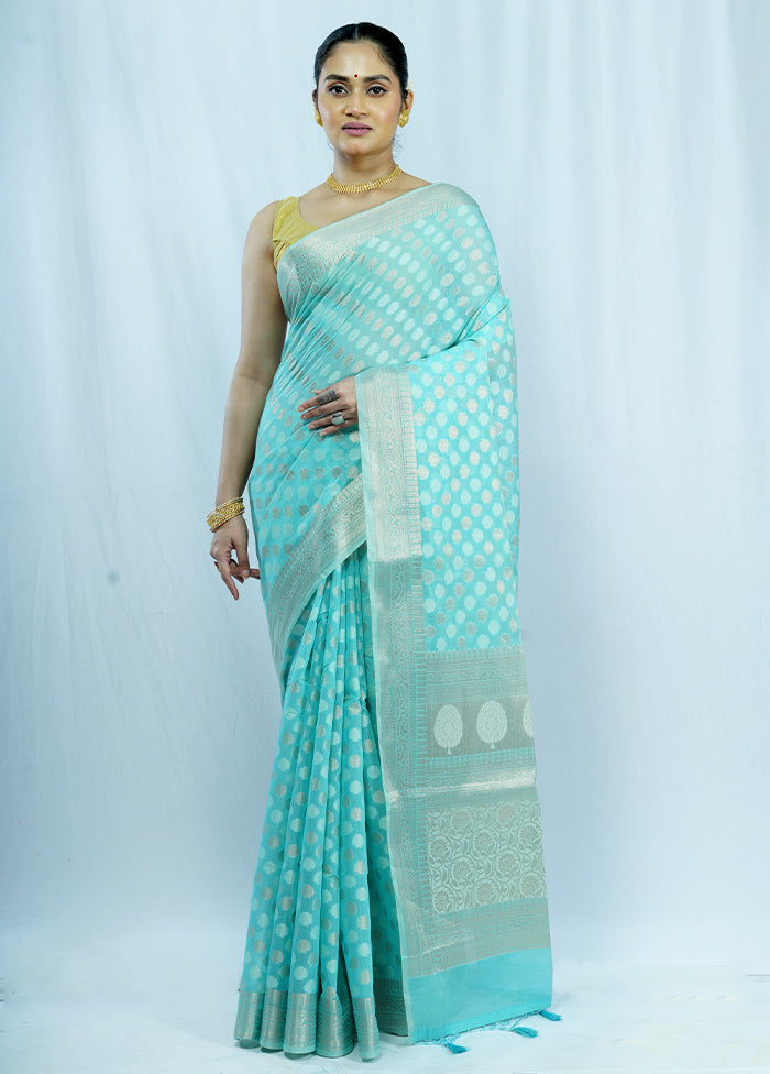 Blue Cotton Saree With Blouse Piece - Indian Silk House Agencies