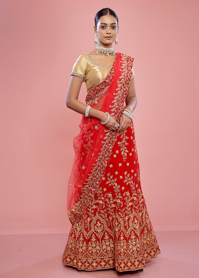 3 Pc Red Semi Stitched Silk Lehenga Set - Indian Silk House Agencies