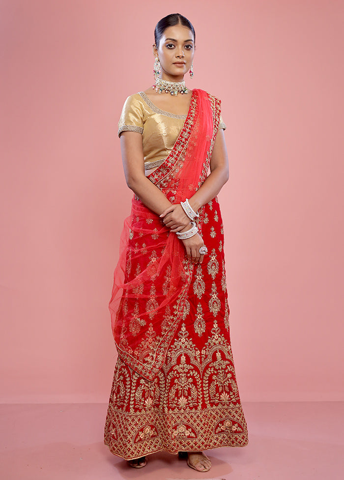 3 Pc Red Semi Stitched Silk Lehenga Set - Indian Silk House Agencies