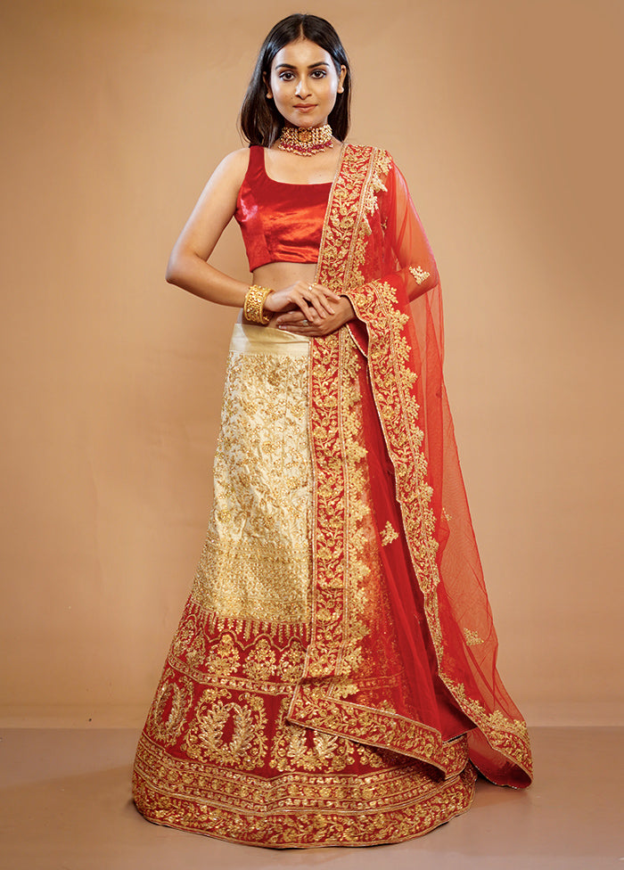 3 Pc Red Silk Semi Stitched Lehenga Set - Indian Silk House Agencies