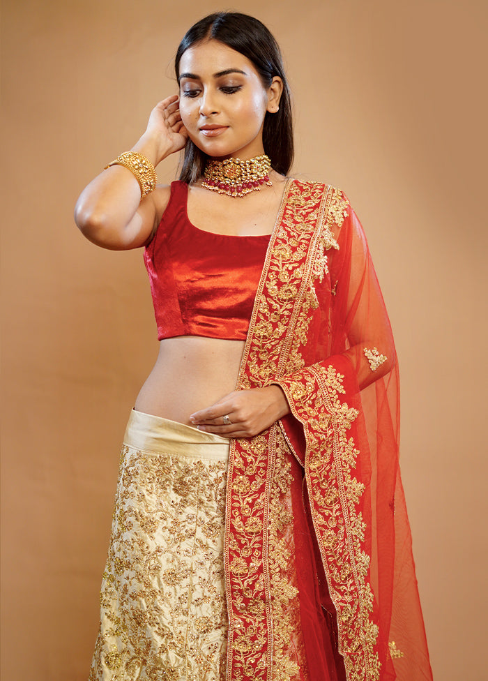 3 Pc Red Silk Semi Stitched Lehenga Set - Indian Silk House Agencies