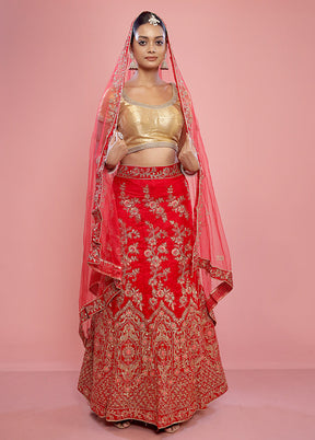 3 Pc Red Semi Stitched Silk Lehenga Set - Indian Silk House Agencies