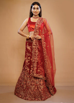 3 Pc Maroon Silk Semi Stitched Lehenga Set - Indian Silk House Agencies