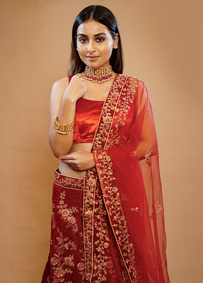 3 Pc Maroon Silk Semi Stitched Lehenga Set - Indian Silk House Agencies