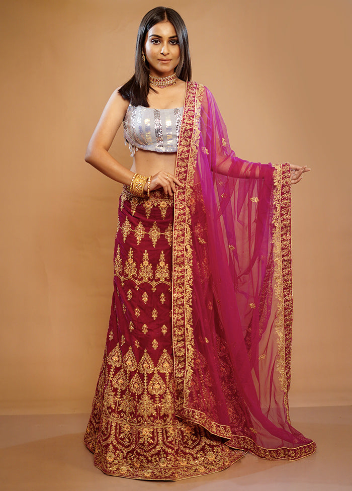 3 Pc Purple Silk Semi Stitched Lehenga Set - Indian Silk House Agencies