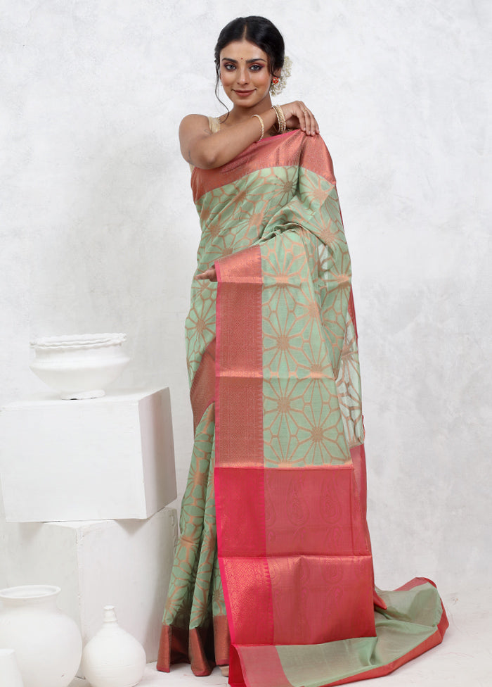 Green Kora Silk Saree With Blouse Piece