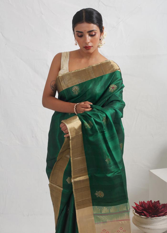 Green Raw Pure Silk Saree With Blouse Piece - Indian Silk House Agencies