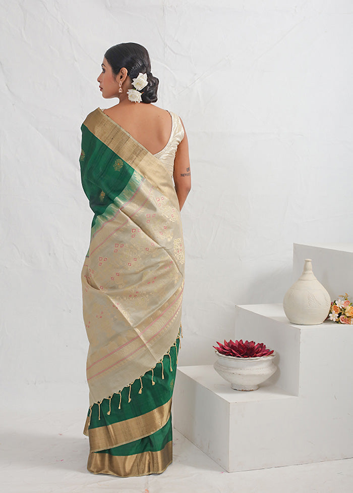 Green Raw Pure Silk Saree With Blouse Piece - Indian Silk House Agencies