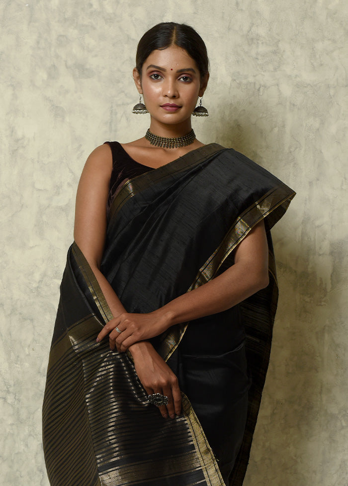 Black Raw Silk Saree With Blouse Piece - Indian Silk House Agencies