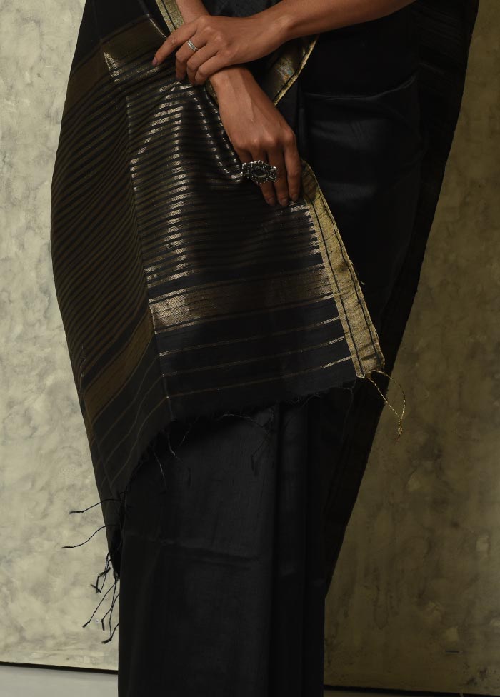 Black Raw Silk Saree With Blouse Piece - Indian Silk House Agencies