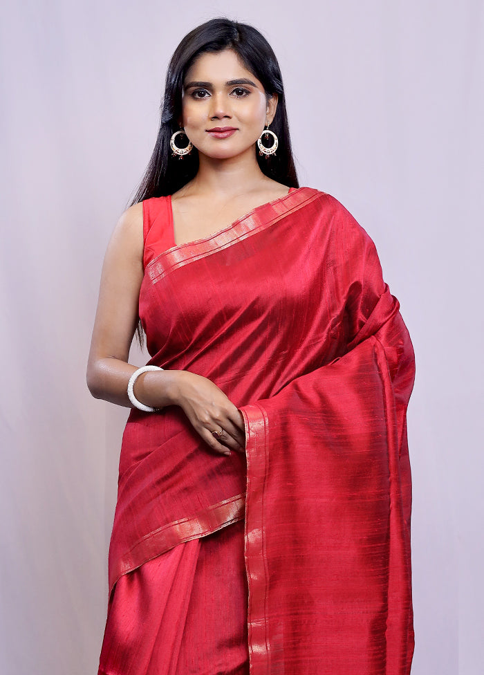 Red Dupion Silk Saree With Blouse Piece - Indian Silk House Agencies