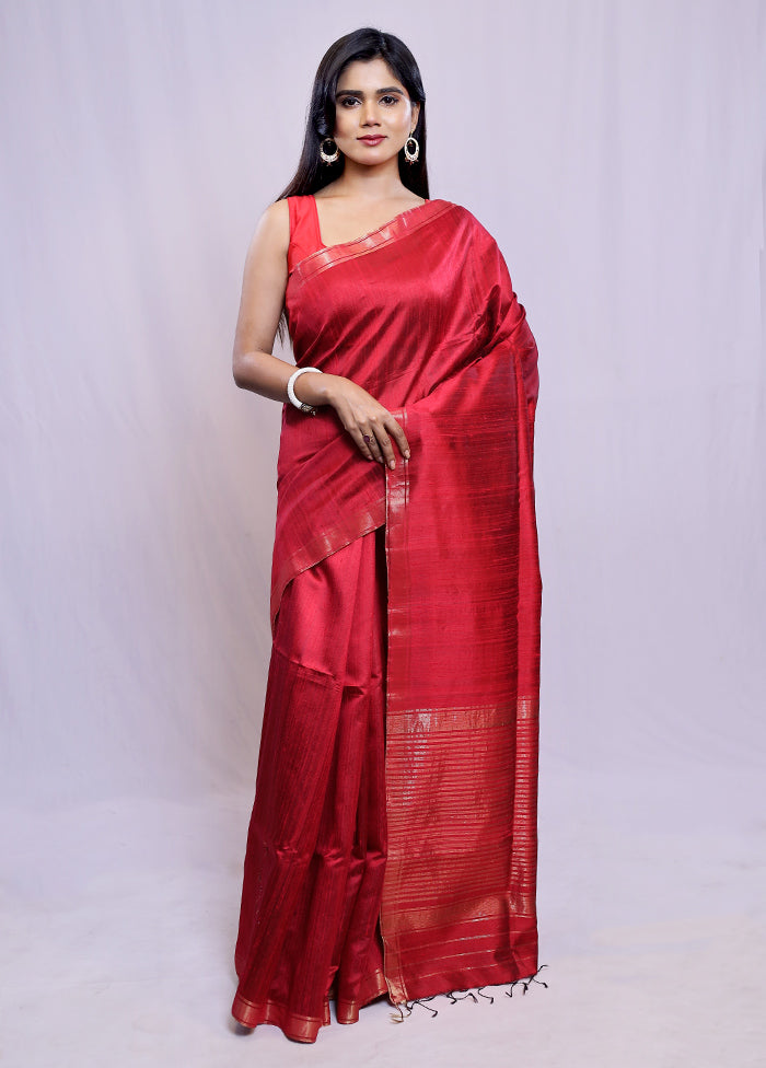 Red Dupion Silk Saree With Blouse Piece - Indian Silk House Agencies