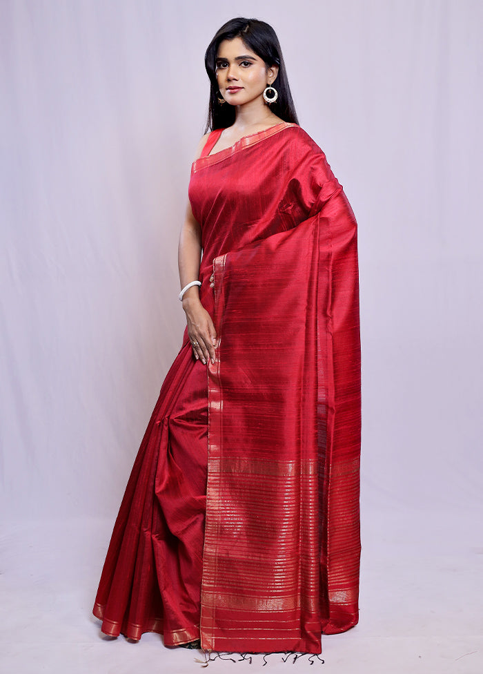 Red Dupion Silk Saree With Blouse Piece - Indian Silk House Agencies