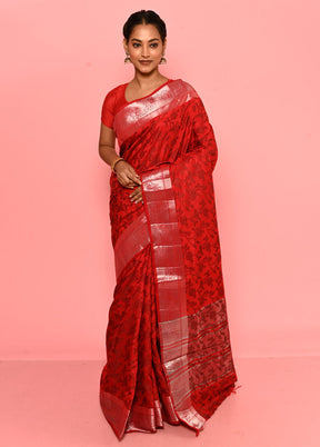 Red Dupion Silk Saree With Blouse Piece - Indian Silk House Agencies