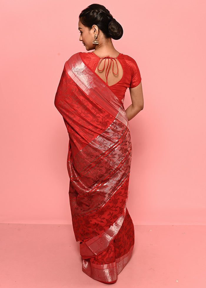 Red Dupion Silk Saree With Blouse Piece - Indian Silk House Agencies