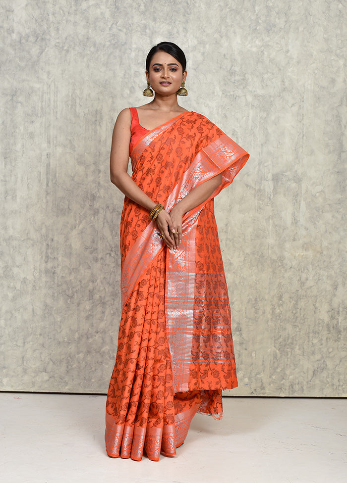 Rust Dupion Silk Saree With Blouse Piece - Indian Silk House Agencies