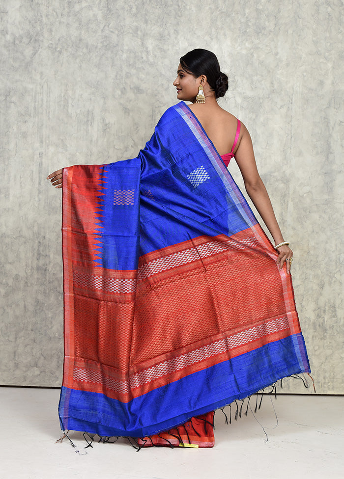 Blue Dupion Silk Saree With Blouse Piece - Indian Silk House Agencies