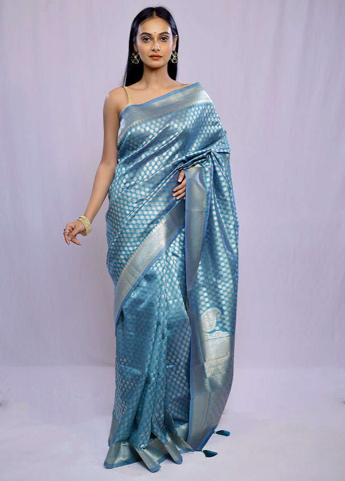 Blue Dupion Silk Saree With Blouse Piece - Indian Silk House Agencies