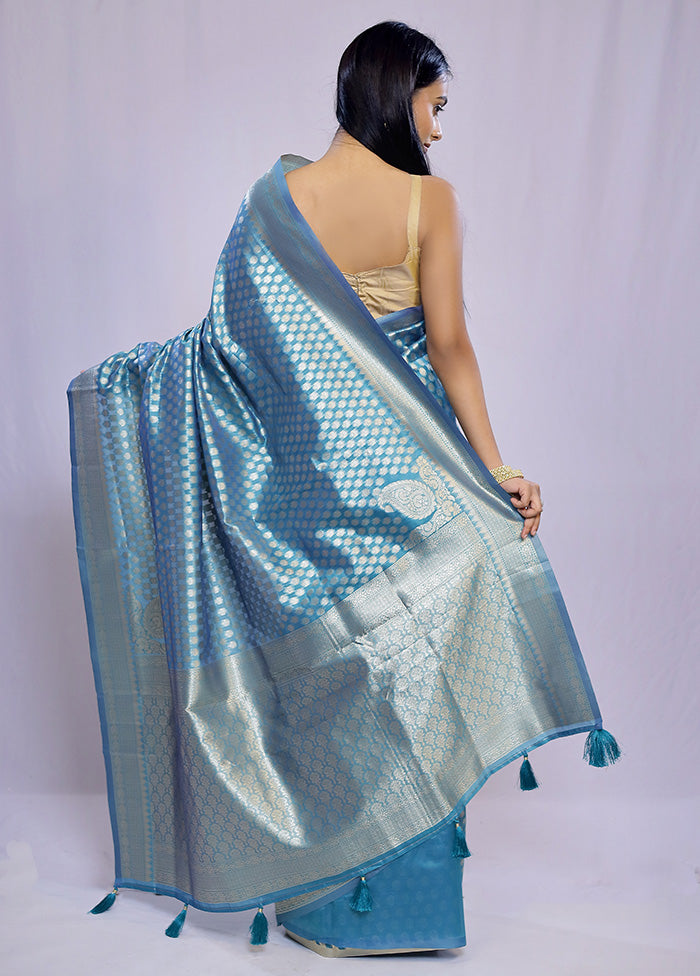 Blue Dupion Silk Saree With Blouse Piece - Indian Silk House Agencies