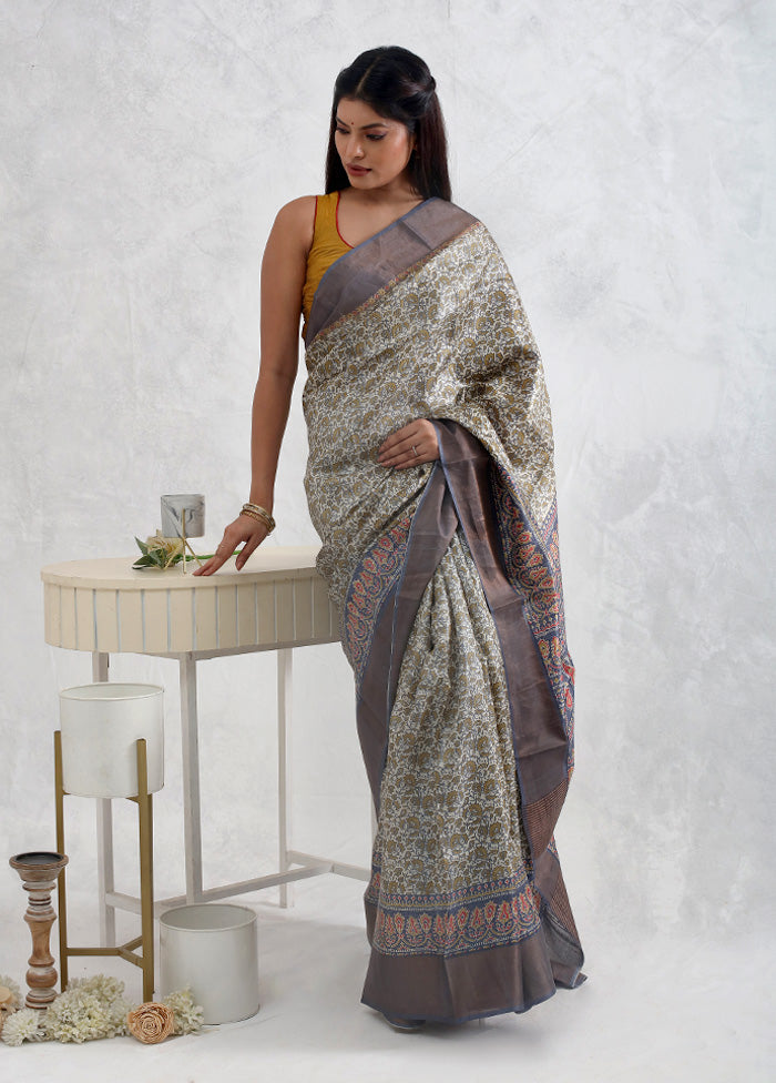 Cream Tussar Silk Saree With Blouse Piece - Indian Silk House Agencies