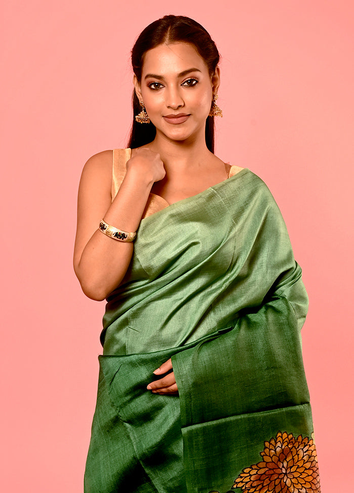 Green Tussar Pure Silk Saree With Blouse Piece - Indian Silk House Agencies