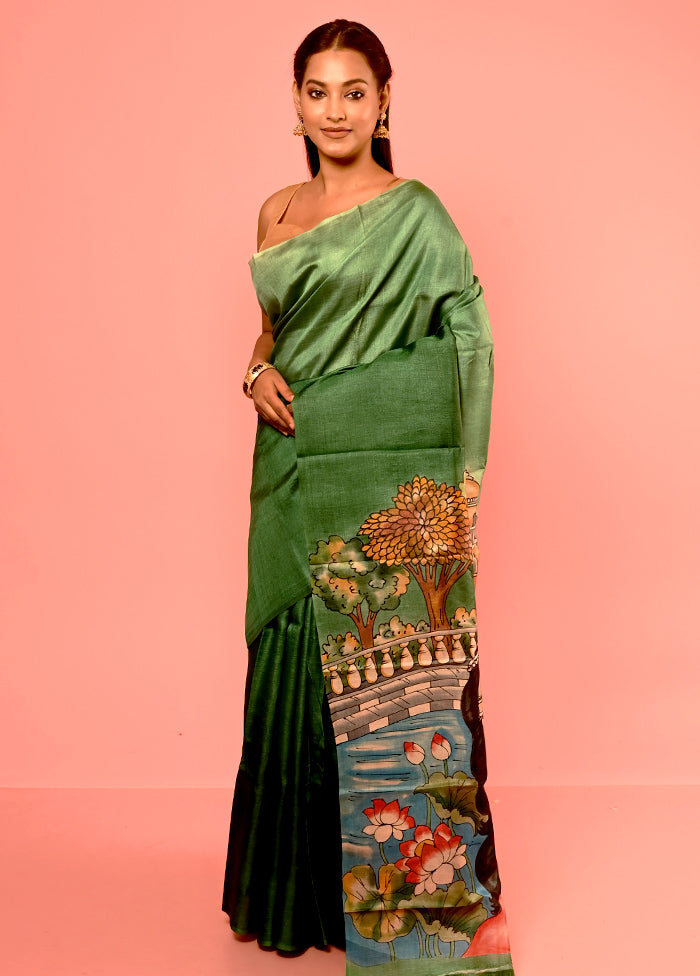 Green Tussar Pure Silk Saree With Blouse Piece - Indian Silk House Agencies