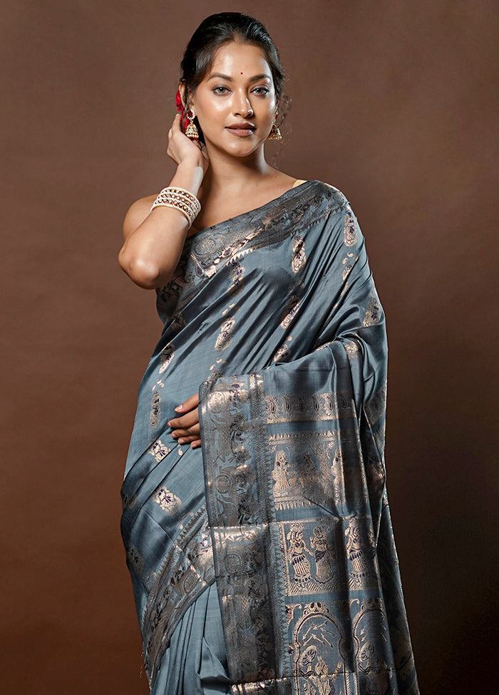 Grey Handloom Baluchari Pure Silk Saree With Blouse Piece