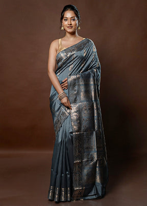 Grey Handloom Baluchari Pure Silk Saree With Blouse Piece