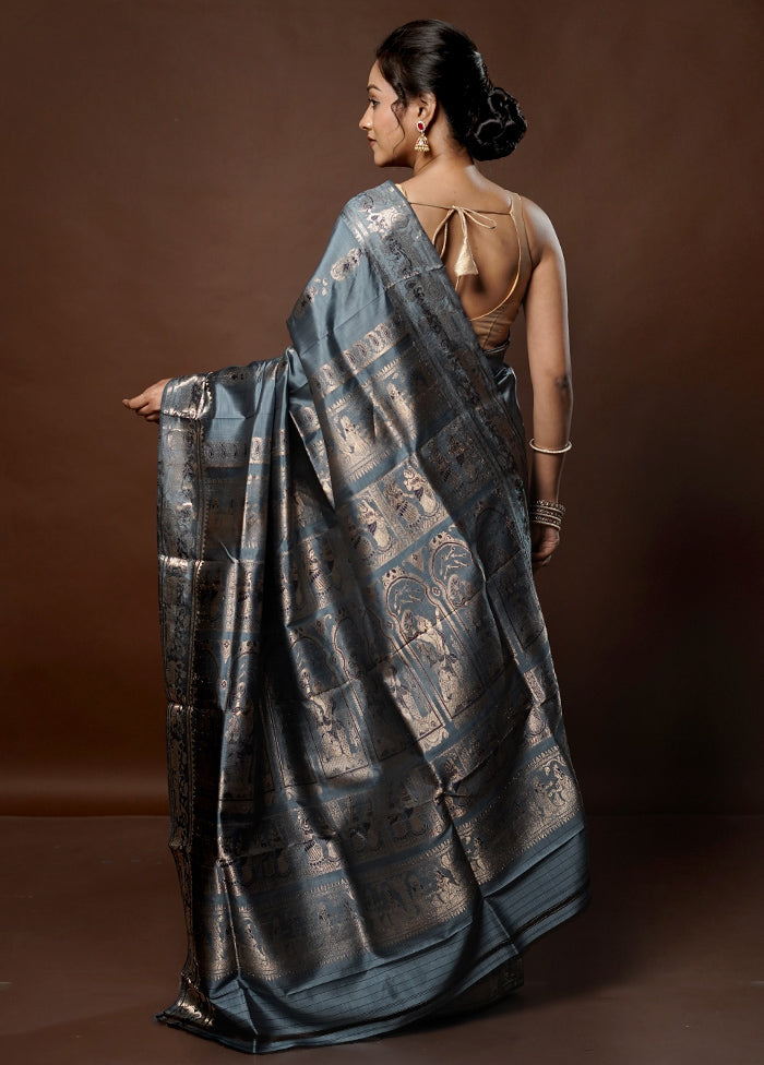 Grey Handloom Baluchari Pure Silk Saree With Blouse Piece