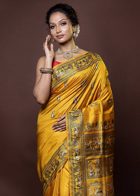 Yellow Handloom Baluchari Pure Silk Saree With Blouse Piece