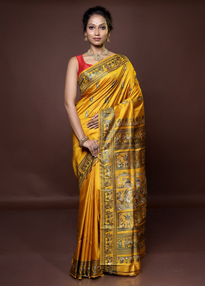 Yellow Handloom Baluchari Pure Silk Saree With Blouse Piece