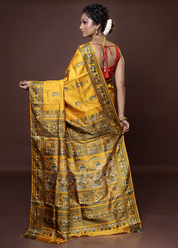 Yellow Handloom Baluchari Pure Silk Saree With Blouse Piece